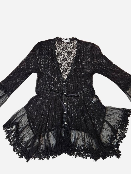 Adore Tops - Adore Black Sheer Lace Button-Front Whimsy Blouse with Velvet Tie Bow Fairy Goth